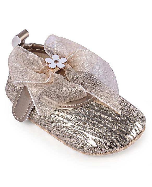 Cute Walk by Babyhug Floral & Ribbon Bow Applique Velcro Closure Glittery Ballerina Booties -  Golden