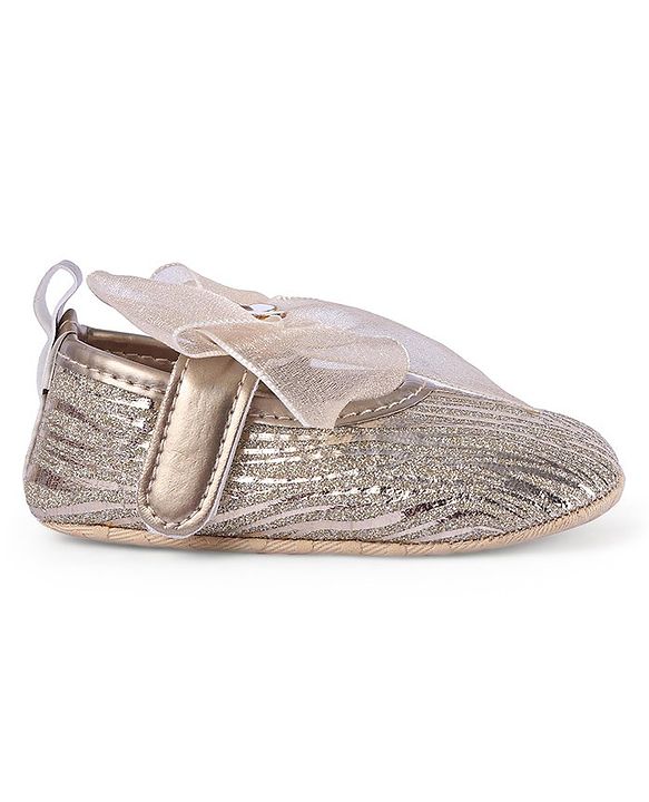 Cute Walk by Babyhug Floral & Ribbon Bow Applique Velcro Closure Glittery Ballerina Booties -  Golden