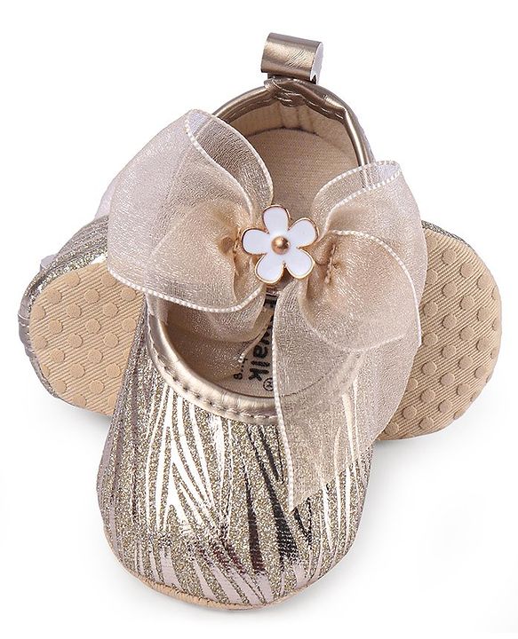 Cute Walk by Babyhug Floral & Ribbon Bow Applique Velcro Closure Glittery Ballerina Booties -  Golden
