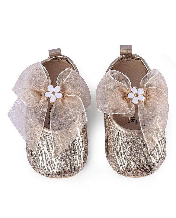 Cute Walk by Babyhug Floral & Ribbon Bow Applique Velcro Closure Glittery Ballerina Booties -  Golden