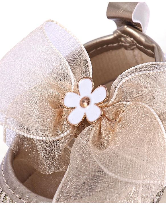 Cute Walk by Babyhug Floral & Ribbon Bow Applique Velcro Closure Glittery Ballerina Booties -  Golden