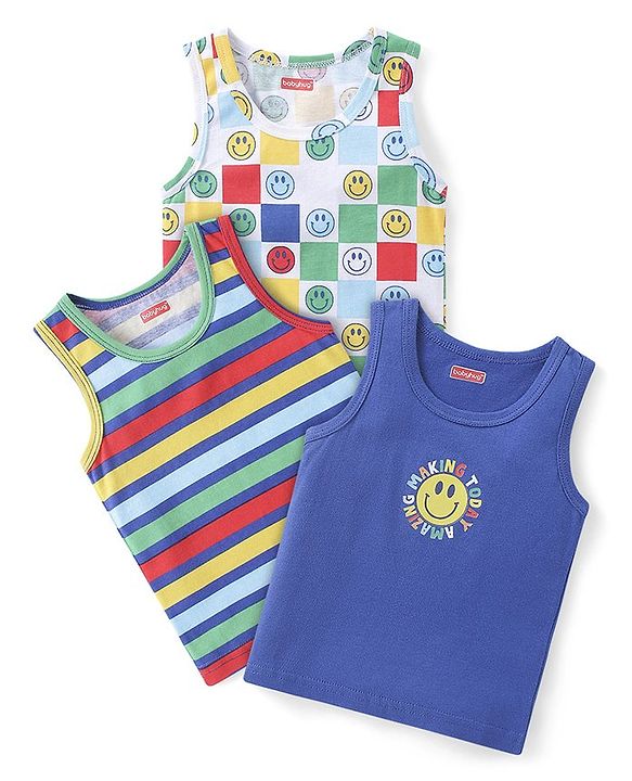 Babyhug 100% Cotton Knit Sleeveless Sando With Stripes & Smiley Print Pack of 3 - Multicolor