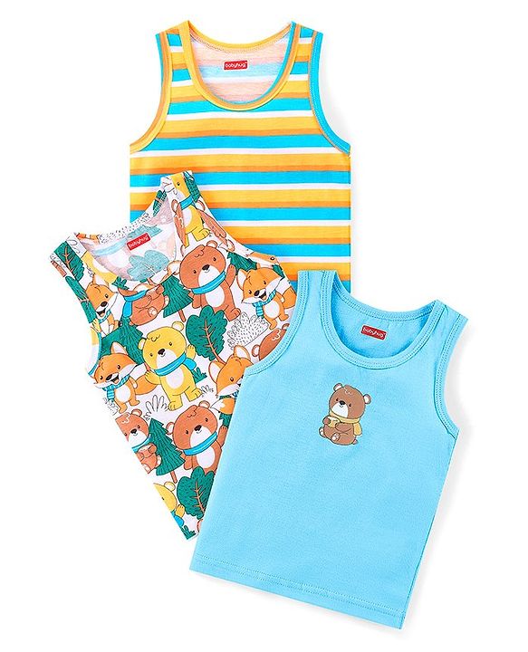 Babyhug Cotton Knit Sleeveless Sandos With Stripes & Bear Print Pack of 3 - Yellow & Turquoise