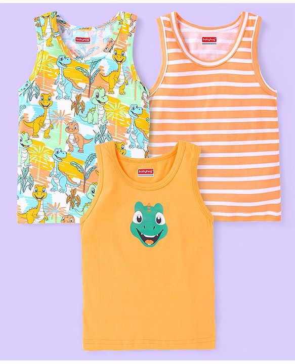 Babyhug 100 % Cotton Knit Sleeveless Striped & Dino Printed Sandos Pack of 3 - Orange & White
