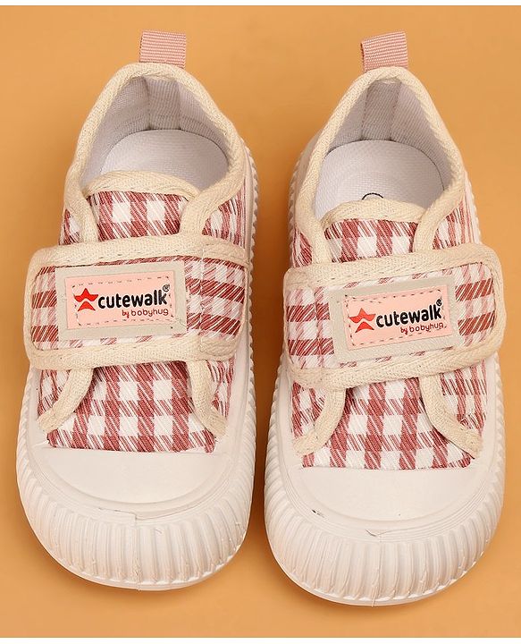 Cute Walk By Babyhug Checkered Slip On Casual Shoes With Velcro Closure - Pink