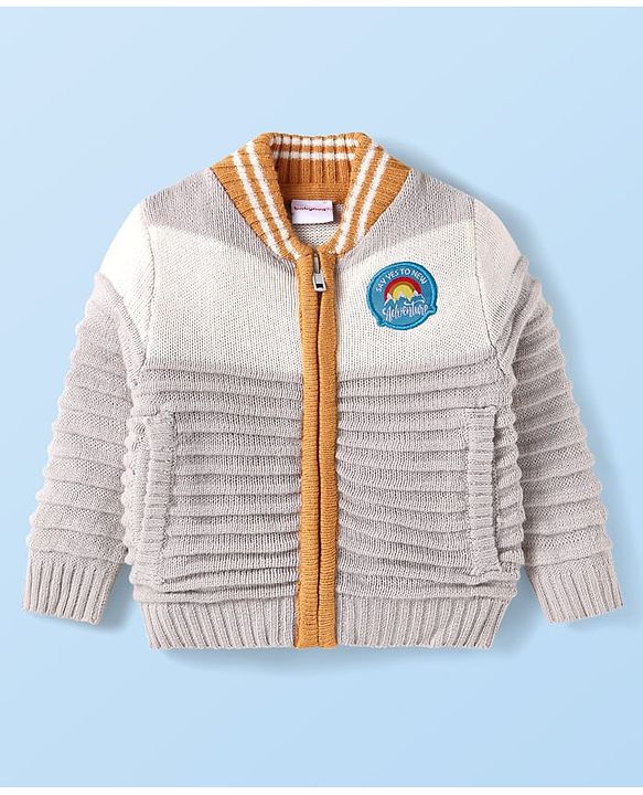 Babyhug Knitted Full Sleeves Front Open Sweater with Text Patch - Grey & Yellow