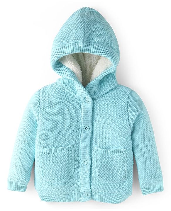 Babyhug Knit Full Sleeves Solid Color Hooded Sweater - Aqua Blue