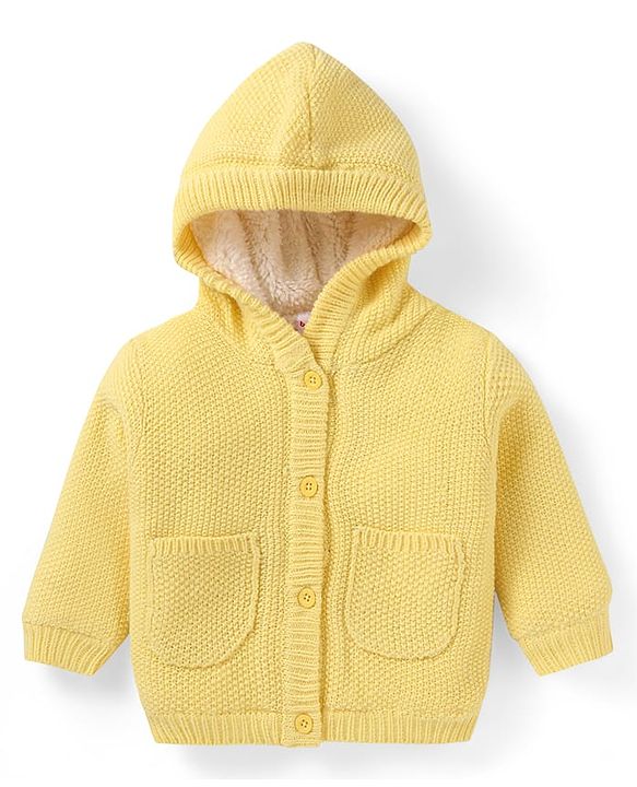 Babyhug Knit Full Sleeves Solid Colour Hooded Front Open Sweater With Pockets - Yellow