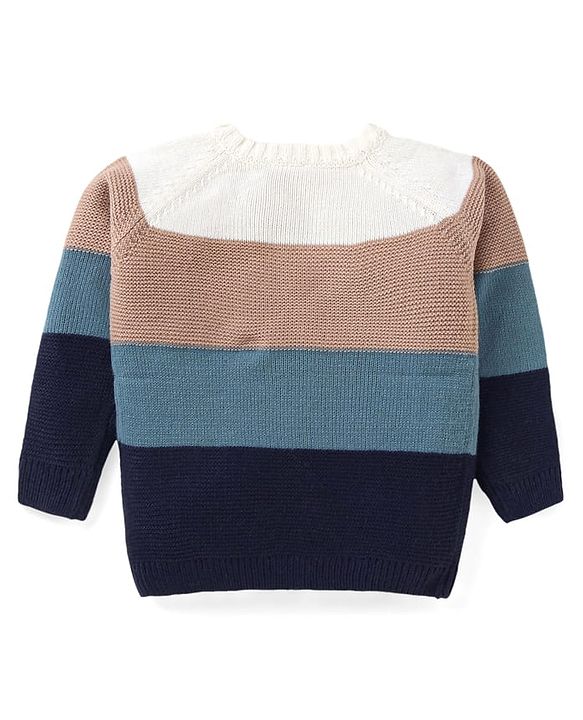 Babyhug Knit Full Raglan Sleeves Pullover Sweater with Colour Block Design &  Bear Embroidery - Navy Blue Off White & Light Brown