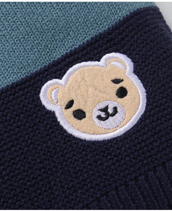 Babyhug Knit Full Raglan Sleeves Pullover Sweater with Colour Block Design &  Bear Embroidery - Navy Blue Off White & Light Brown
