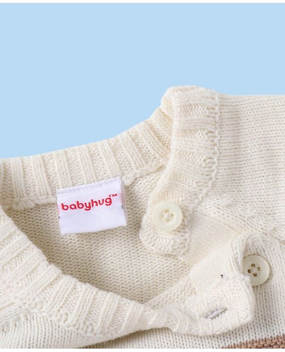 Babyhug Knit Full Raglan Sleeves Pullover Sweater with Colour Block Design &  Bear Embroidery - Navy Blue Off White & Light Brown