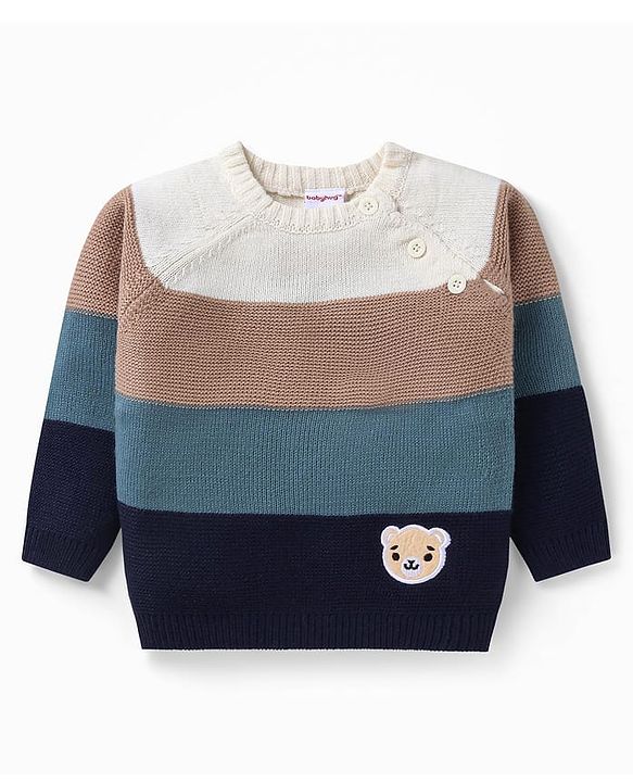 Babyhug Knit Full Raglan Sleeves Pullover Sweater with Colour Block Design &  Bear Embroidery - Navy Blue Off White & Light Brown