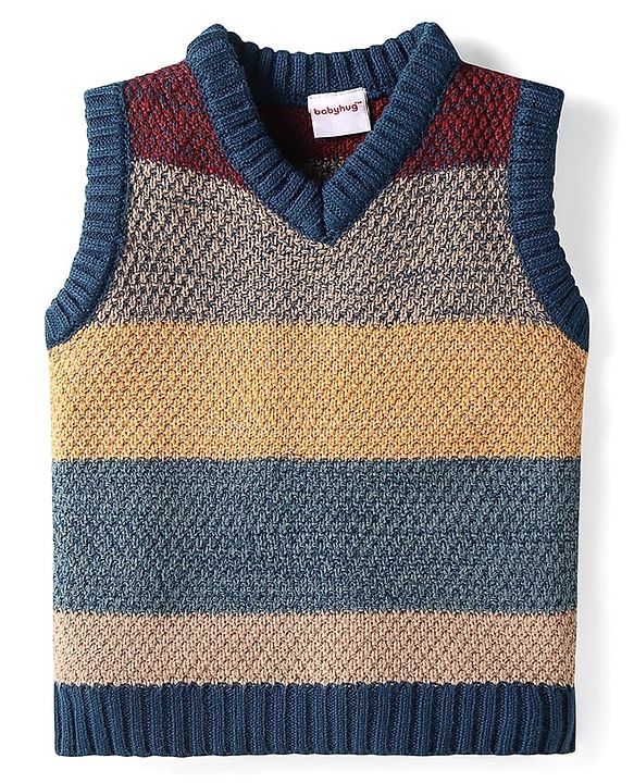 Babyhug Knit Sleeveless Striped Sweater Vest - Brown & Blue