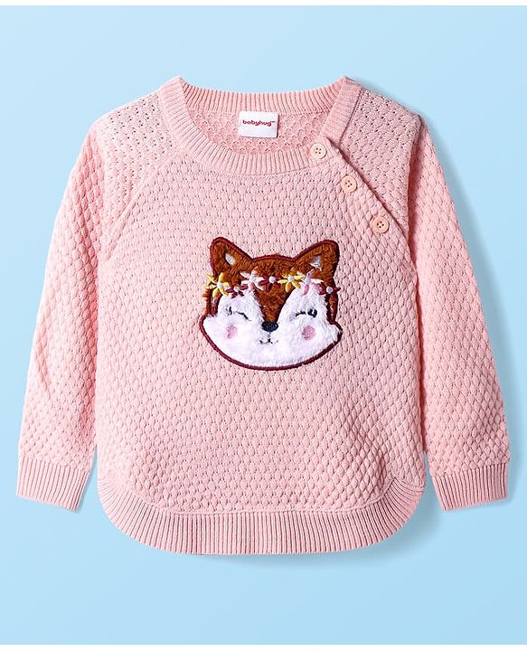 Babyhug Knitted Full Raglan Sleeves Squirrel Embroidered Pullover Sweater - Pink