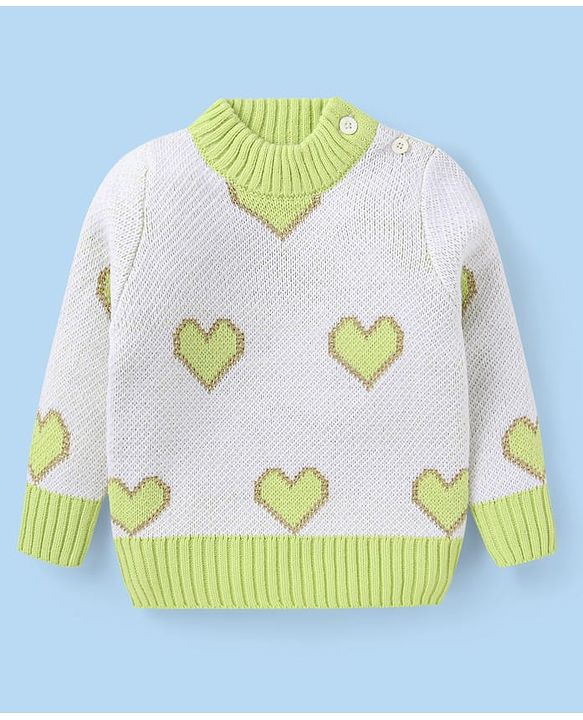 Babyhug Knit Full  Sleeves Pullover Sweater with Heart Design - Off White & Light Green