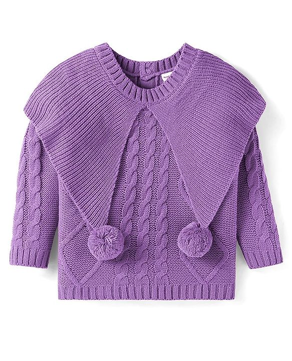 Babyhug Woven Full Sleeves Cable Knit Design Sweater With Pom Pom Applique - Purple