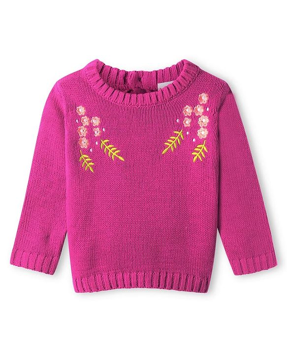 Babyhug Knitted Full Sleeves Pullover Sweater With Floral Embroidery - Fuchsia