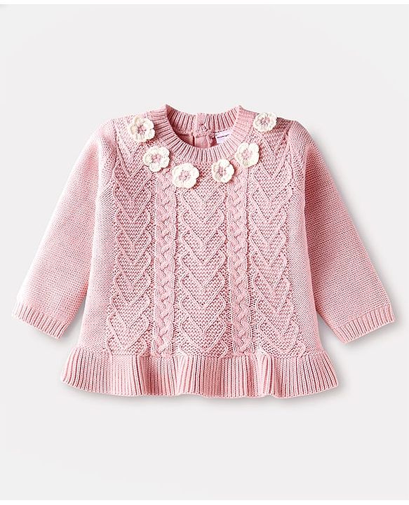 Babyhug Knitted Full Sleeves Sweater Knit Pull Pullover  with Cable Knit Design & Floral Applique - Pink