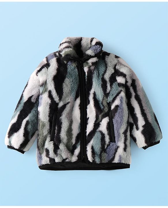 Babyhug Woven Full Sleeves Winter Fur Jacket With Camouflage Design - Black