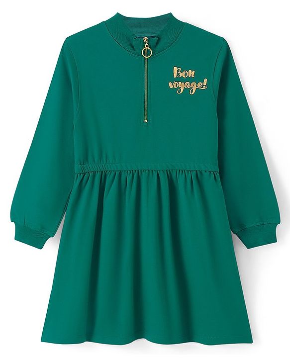 Pine Kids Cotton Knit Full Sleeves Winter Frock with HD Text Print - Green