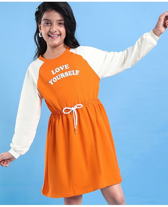 Pine Kids Cotton Knit Full Raglan Sleeves Winter Frock with Text Print - Permission Orange