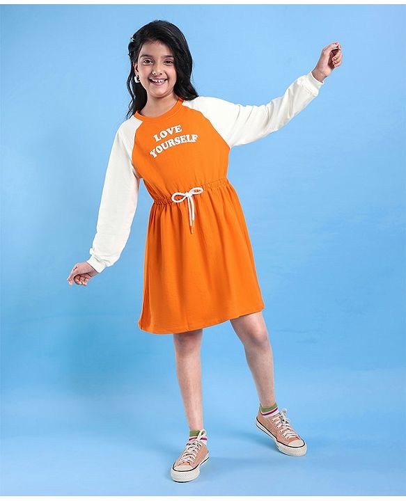 Pine Kids Cotton Knit Full Raglan Sleeves Winter Frock with Text Print - Permission Orange