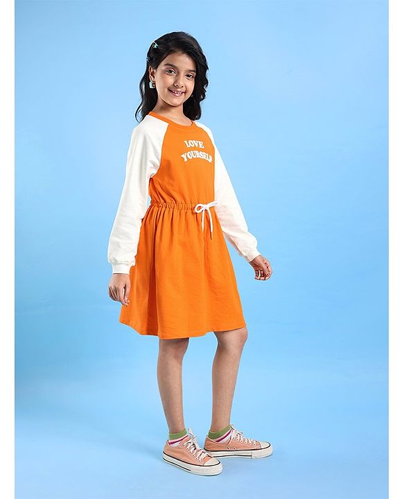 Pine Kids Cotton Knit Full Raglan Sleeves Winter Frock with Text Print - Permission Orange