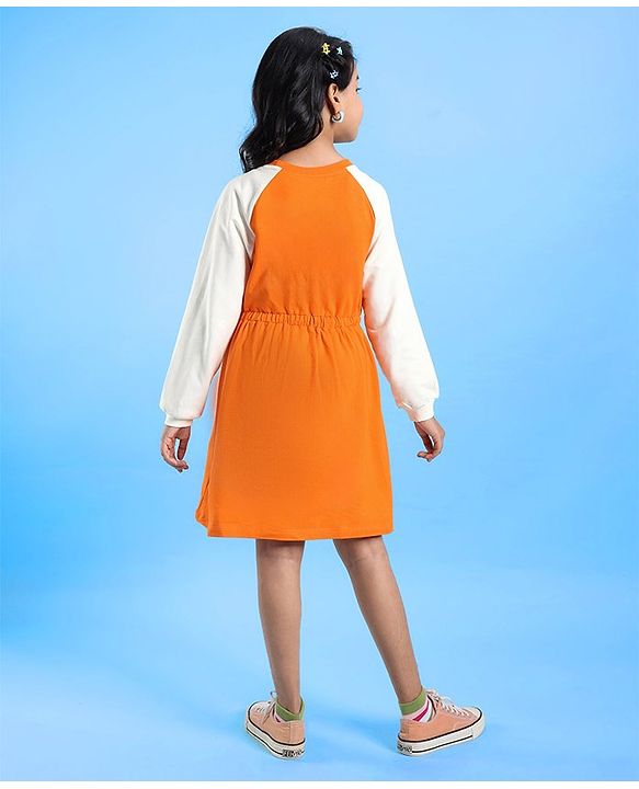 Pine Kids Cotton Knit Full Raglan Sleeves Winter Frock with Text Print - Permission Orange