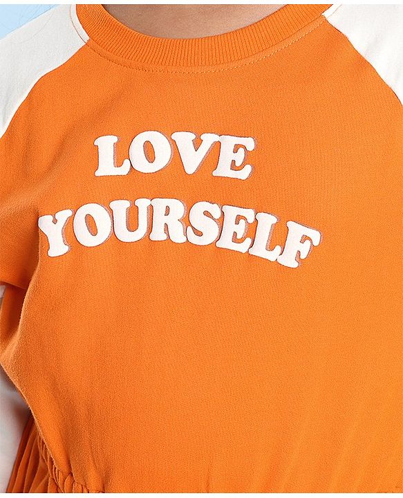 Pine Kids Cotton Knit Full Raglan Sleeves Winter Frock with Text Print - Permission Orange