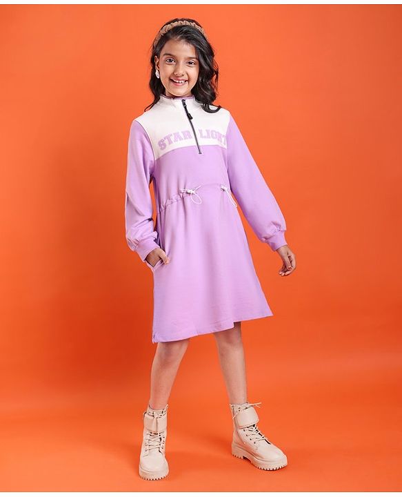 Pine Kids Cotton Knit Full Sleeves Winter Frock with Text Print - Lavender