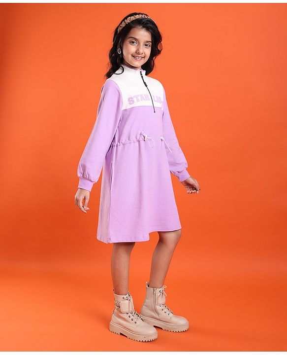 Pine Kids Cotton Knit Full Sleeves Winter Frock with Text Print - Lavender