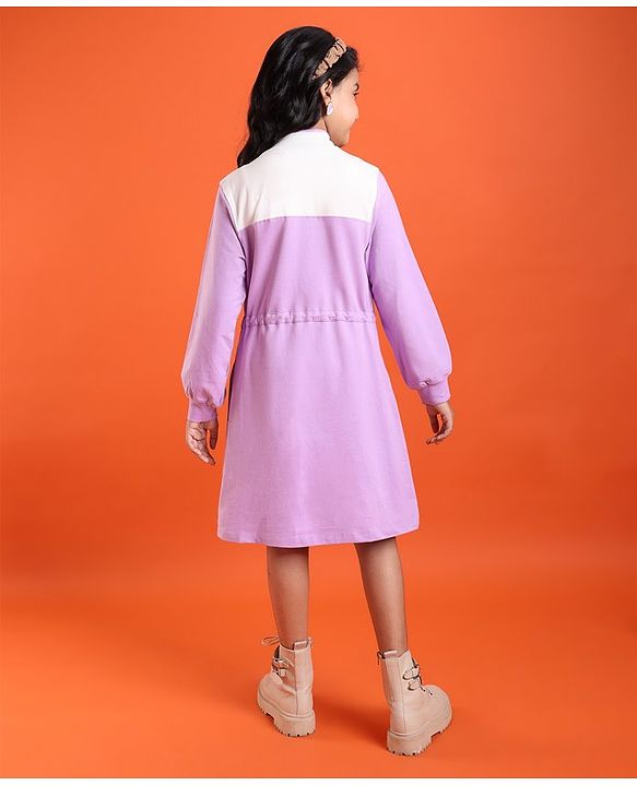 Pine Kids Cotton Knit Full Sleeves Winter Frock with Text Print - Lavender
