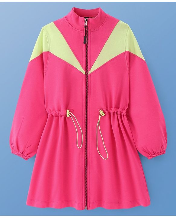 Pine Kids Cotton Knit Full Sleeves Front Open Winter Frock - Pink