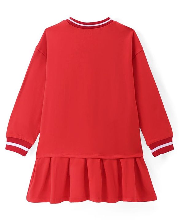 Pine Kids Cotton Knit Full Sleeves Winter Frock with Text Print - Red
