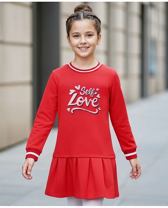 Pine Kids Cotton Knit Full Sleeves Winter Frock with Text Print - Red