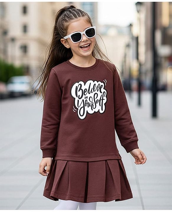 Pine Kids Cotton Knit Full Sleeves Winterwear Frock With Text Print - Brown