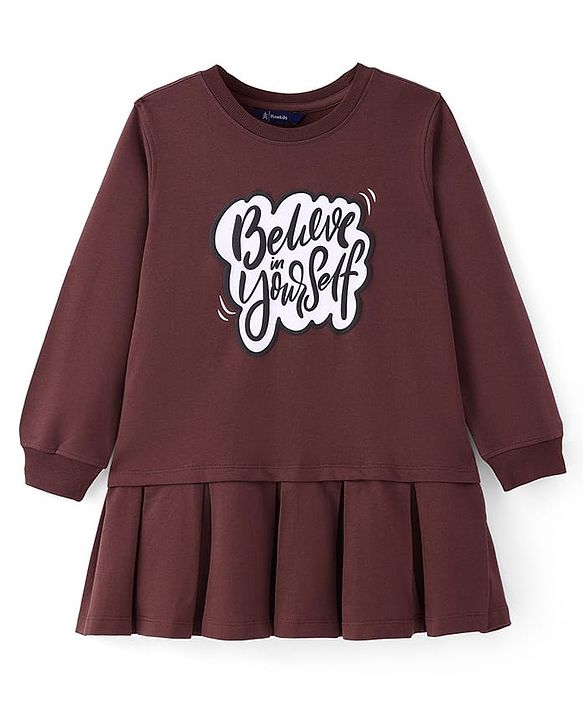 Pine Kids Cotton Knit Full Sleeves Winterwear Frock With Text Print - Brown