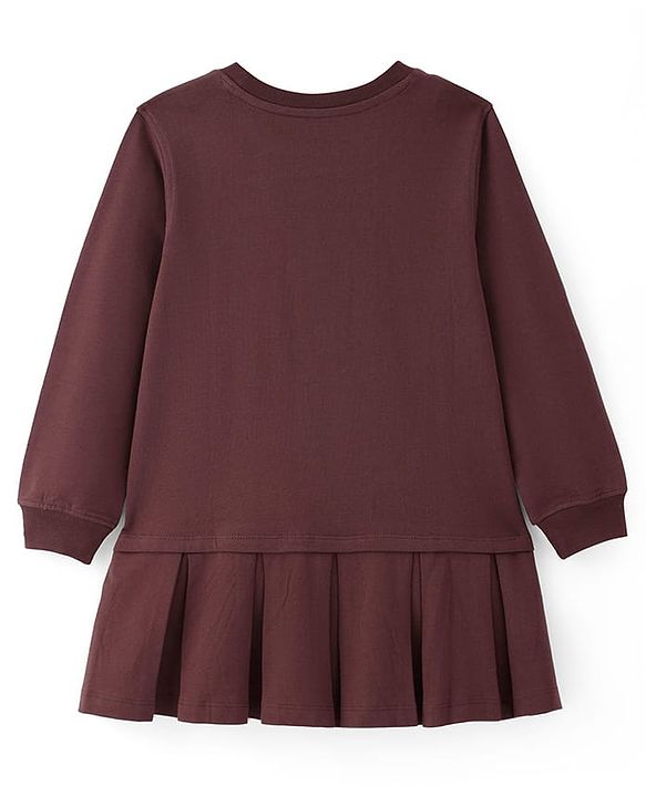 Pine Kids Cotton Knit Full Sleeves Winterwear Frock With Text Print - Brown