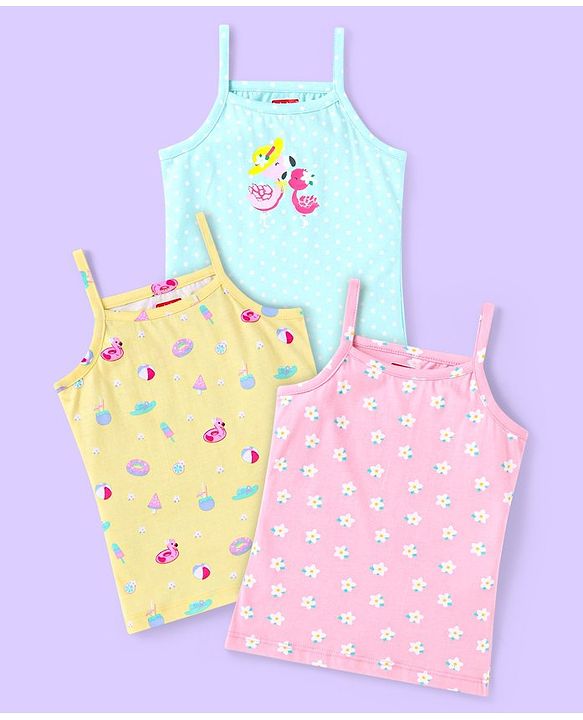 Babyhug  100% Cotton Knit Singlet Sleeves Slips Polka Dot & Duck Print Pack of 3 - Pink Blue & Yellow