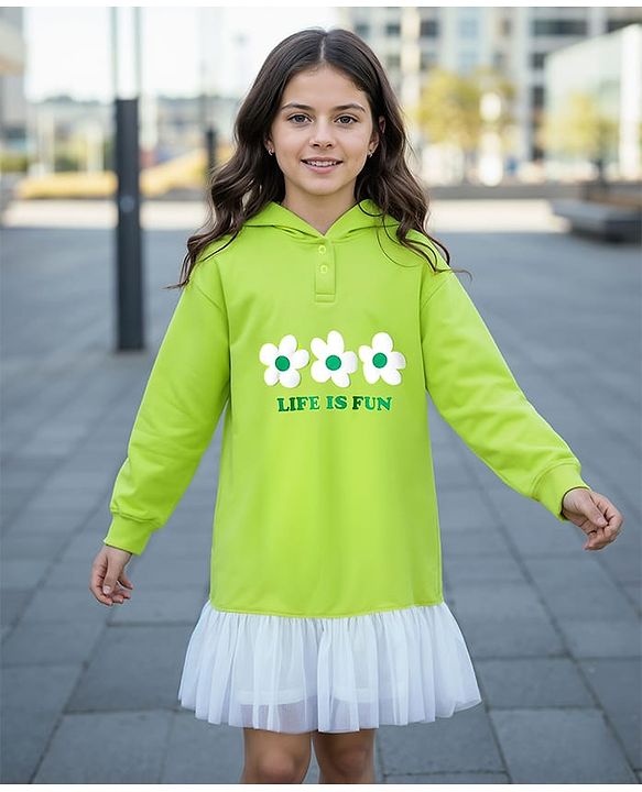Pine Kids Cotton Knit Full Drop Shoulder Sleeves  Winter Frock With Floral Print - Lime Green