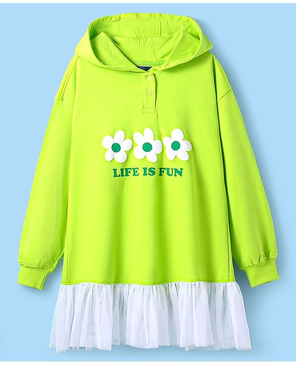 Pine Kids Cotton Knit Full Drop Shoulder Sleeves  Winter Frock With Floral Print - Lime Green