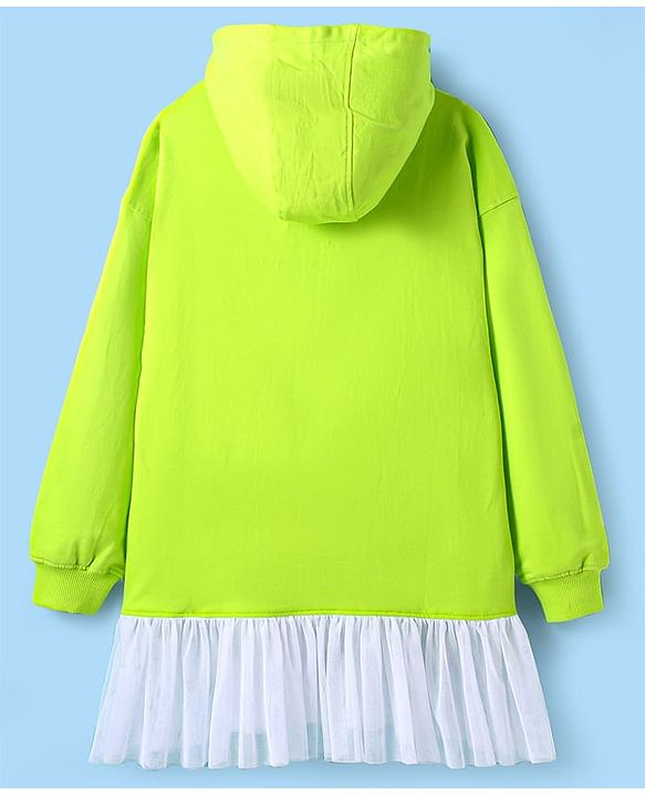 Pine Kids Cotton Knit Full Drop Shoulder Sleeves  Winter Frock With Floral Print - Lime Green