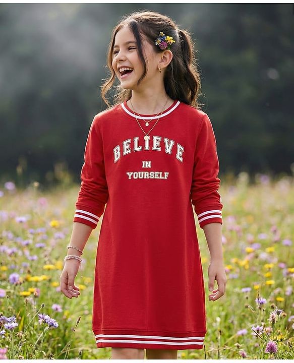 Pine Kids Cotton Knit Full Sleeves Sweatshirt Dress With Text Print - Red