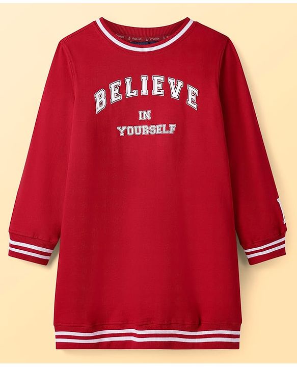 Pine Kids Cotton Knit Full Sleeves Sweatshirt Dress With Text Print - Red