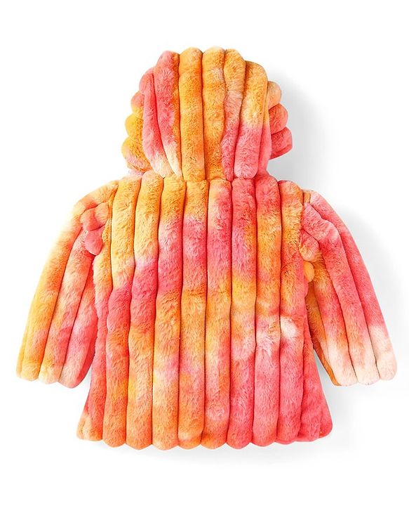 Babyhug Woven Full Sleeves Hooded Fur Jacket with Stripe Design - Yellow & Pink