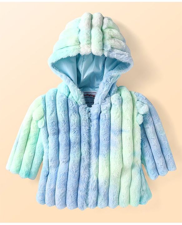 Babyhug Woven Full Sleeves Hooded Fur Jacket with Stripe Design - Yellow & Pink