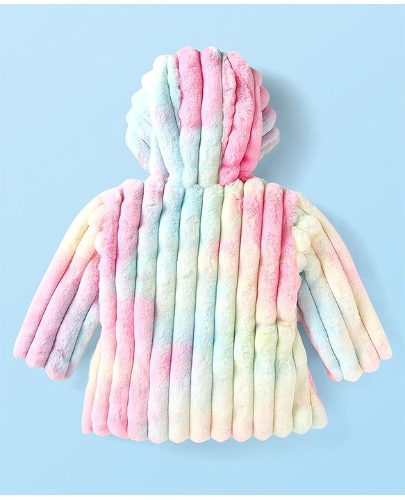 Babyhug Woven Full Sleeves Hooded Fur Jacket with Stripe Design - Yellow & Pink