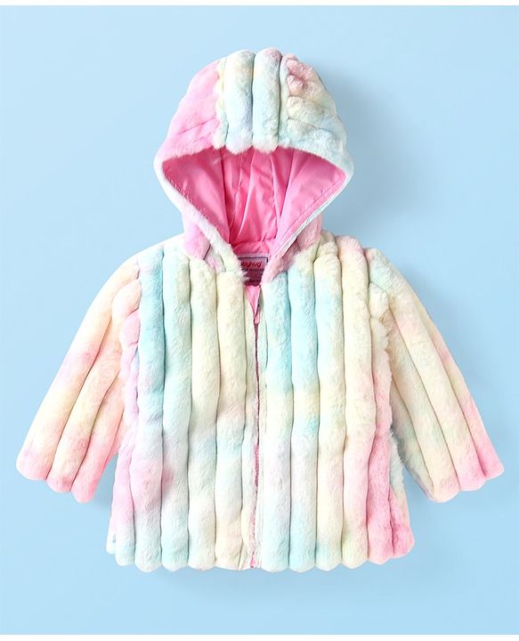Babyhug Woven Full Sleeves Hooded Fur Jacket with Stripe Design - Yellow & Pink