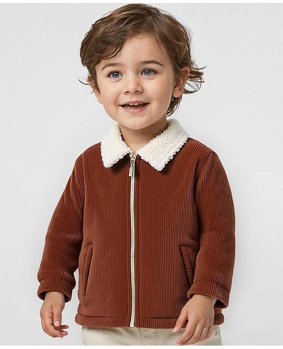 Babyhug Fur Woven Full Sleeves Front Open Jacket with Solid Colour & Fur Detailing at Collar - Brown
