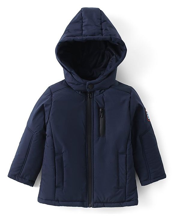 Babyhug Woven Full Sleeves Solid Hooded Padded Jacket - Navy Blue